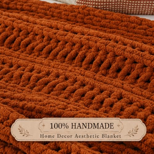 Battilo Chunky Knit Throw Blanket for Couch, Hand Made Chenille Throw Blanket, Super Soft Warm Cozy Caramel Blanket for Bed, Sofa, Living Room, 50"x60" - color: Caramel