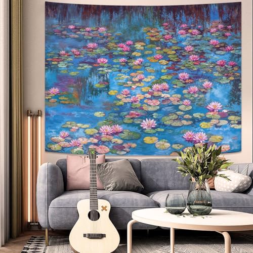 kampdream Landscape Tapestry, Scenery Art Wall Tapestries, Nature Wall Decor for Bedroom Living Room Backdrop Blue Impressionist Pond Lotus 60×80 inches - color: Blue Pond, size: 80"L x 60"W