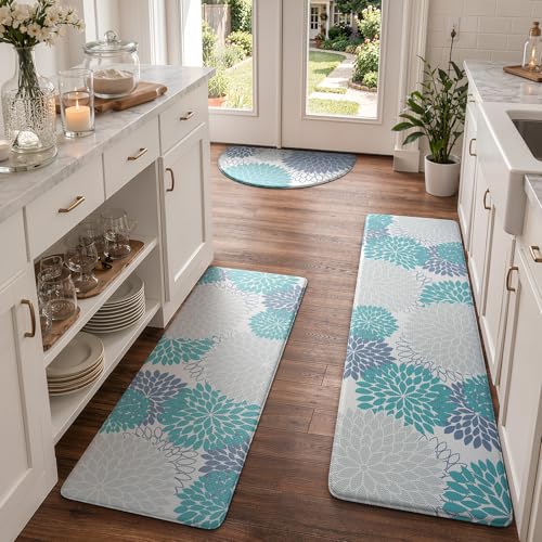 KIMODE Kitchen Mats for Floor Cushioned Anti Fatigue,Floral Farmhouse Kitchen Runner Rug Sets of 3 Non Slip,Waterproof Kitchen Carpet Runner Decor for Sink Laundry Bathroom,Teal Blue - color: Teal Blue, size: 18" x 28"+18" x 47"+18" x 59"-0.47 inches