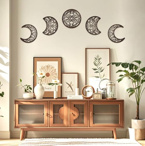 ASMANNA 5 Pcs Moon Wall Decor Wooden Moon Phase Wall Hanging Bohemian Style Bedroom Home Wall Pediment Bohemian Lunar Aesthetic Art for Bedroom Living Room Dorm Apartment Office(Brown) - color: Brown1