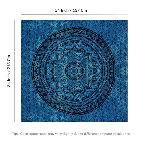 FURNISHFUL FINESSE Hand Block Printed Cotton Mandala Wall Tapestry - Blue Ombre Boho Wall Decor, Bohemian Hippie Room Hanging for Bedroom, Dorm & Living Room Aesthetic - 54X84, Blue - color: Blue, size: 84"L x 54"W