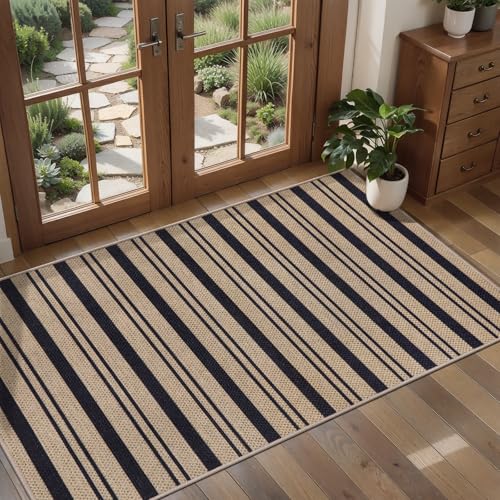 Tangsoo Modern Easy Jute Rug 2x4 Rug for Entryway,Washable Thin Stripe Outdoor Door Mat,Non-Slip Indoor Floor Carpet Farmhouse Small Throw Mat for Kitchen Hallway Bedroom Front Porch Entrance - color: Black Stripe-1, size: 2x4ft
