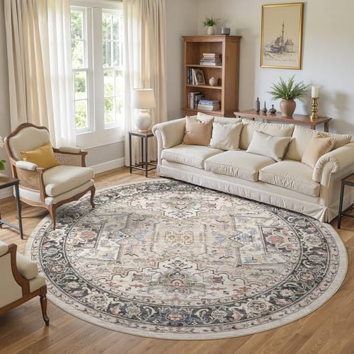 Area Rug for Living Room - 8x8 Large Soft Washable Oriental Vintage Floral Carpet Safe for Babies & Pets - Fade Stain Resistant Non Slip Rugs for Bedroom Dining Room Nursery Dorm Office Home Decor - color: Multi Color, size: 8' x 8' (Round)