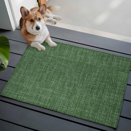 Vintage Dark 2x3 Small Rug for Entryway Kitchen Front Door, Green Linen Texture Farmhouse Washable Throw Rug Absorbent Non-Slip Indoor Floor Mat for Kitchen Entrance Dog Home Office Decor - color: Green, size: 2' x 3' (Rectangular)