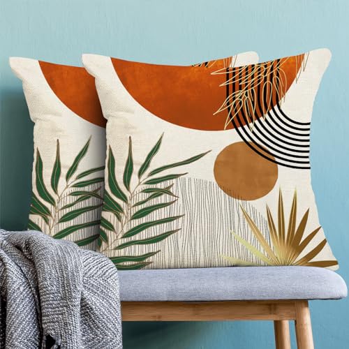 Boho Pillow Covers 16x16 Set of 2 Abstract Green Orange Gold Sunset Throw Pillow Covers Outdoor Decor Mid Century Bohemian Style Tropical Leaf Pillowcase Farmhouse Cushion Case for Home Couch - color: Mid-century-orange, size: 16" x 16" (Pack of 2)