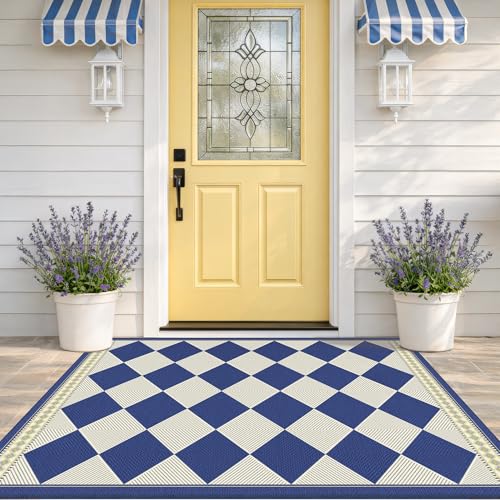 Checkered Easy Jute 3x5 Navy Blue Indoor Outdoor Rugs for Entryway, Washable Non Slip Diamond Boho Coastal Rug for Porch, Modern Minimalist Front Door Mat, Kitchen, Bathroom and Balcony Carpet - color: Blue, size: 3' x 5' (Rectangular)