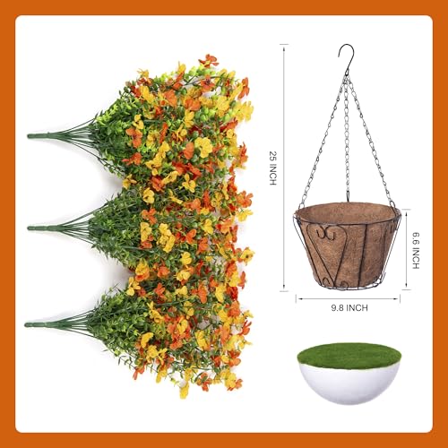 Artificial Fake Hanging Flowers Plants with Basket for Outdoor Decor, Fake Daisy Flower Plants No Fade Plastic Faux Silk Hanging Flowers Spring Decoration for Outside Garden Porch Patio(Yellow Orange) - color: Gyellow Orange