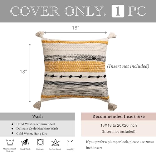 BlissBlush Yellow Mustard Decorative Throw Pillow Cover 18x18 Square Boho Accent Pillowcase Tassels Farmhouse Cushion for Couch Sofa Bedroom Living Room Home Décor Cover ONLY - color: Mustard, size: 18" x 18" (Pack of 1)