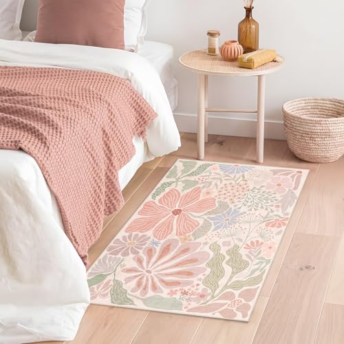 MUJOO Pink 2x3 Washable Rug Floral Small Area Rugs for Entryway Kitchen Bathroom,Non Slip Throw Carpet for Bedroom Entrance Door Mat Boho Modern Abstract Botanical Flower - color: Pink, size: 2' x 3' (Rectangular)