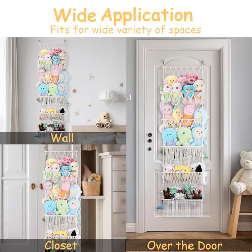 5 Tier Stuffed Animal Storage Shelf Net, 17x61 Inch Large Plushie Net w/LED Light & Clips for Mini Medium Stuffy Teddy, Beige Boho Macrame Wall Toy Holder Display for Nursery Kids Girls Boys - color: Beige, size: Large-5 Tier-17x61 Inch