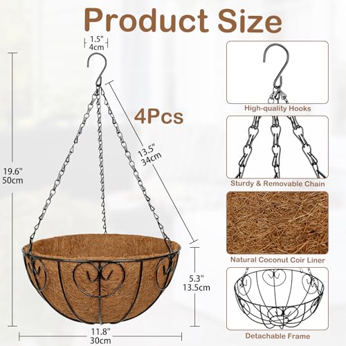 12 inch Metal Hanging Baskets for Plants Outdoor, 4 Pack Metal Wire Hanging Basket Planter with Coco Liner Flower Pots for Indoor Outdoor Garden Porch Patio, Heart-Shaped - size: 12" x 4 Pack, style: Heart