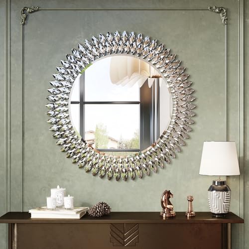 Kelly Miller 36" Jeweled Luxury Round Decorative Wall Mirror | Elegant diamond beveled vanity mirror. Perfect wall mirror for living room, bedroom, entryway. - size: 28"L x 28"W