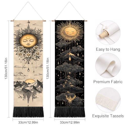 seewan 2 Pack Long Vertical Wall Tapestry, Boho Nature Landscape & Floral Aesthetic Wall Hanging for Bedroom Living Room Home Decor, Long Narrow Art Tapestry with Sunrise Mountain Botanical Designs, 13" × 51" (Celestial Sun Motif, 13"Wx51"H, Unframed) - c