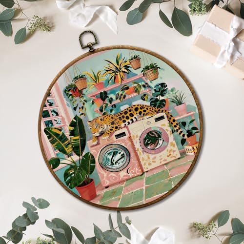 JUIOEIU Trendy Retro Leopard Laundry Room Round Wall Decor, Maximalist Laundry Framed Canvas Prints, Tropical Botanical Cheetah Animal Wall Art Hanging Decorations for Washroom Decor, 10x10in - color: Laundry room06