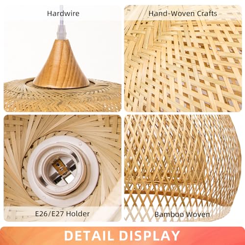 Arturesthome Bamboo Pendant Light for Kitchen Island, 17.6" Wicker Chandelier Lighting, Handmade Woven Hanging Ceiling Light Lampshade for Living Room Bedroom - size: B 17.6"*11.7"