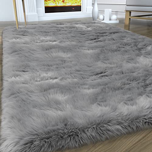 Faux Fur Area Rug, Grey Fluffy Rugs for Bedroom Living Room, 4'x6' Soft Shaggy Fuzzy Rug for Nursery, Indoor Plush Gray Floor Carpets for Kids Girls Boys Teen Dorm, Cute Home Decor, Rectangle - color: Grey, size: 6' x 4' (Rectangular)