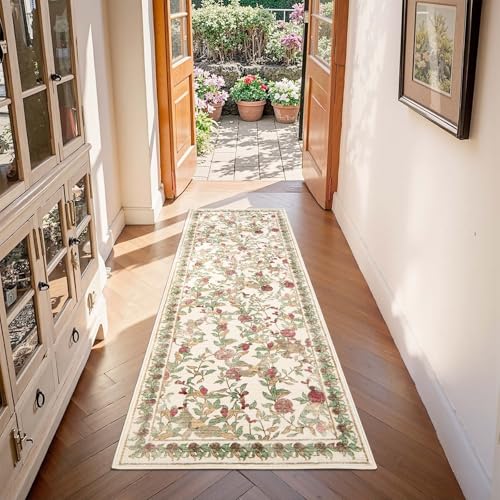 jinchan Eden Floral Washable Runner Rug 2x6 Vintage Hallway Rug Non-Slip Lightweight Soft Thin Kitchen Low Pile Distressed Red Green Carpet for Bathroom Laundry Room Bedroom Entryway - color: Eden Red/Green, size: 2' x 6' (Runner)