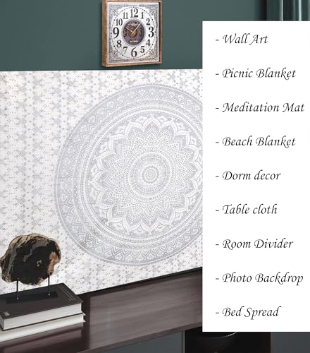 FURNISHFUL FINESSE Hand Block Print Cotton Mandala Wall Tapestry - White Silver Ombre Boho Wall Decor, Bohemian Hippie Room Hanging for Bedroom, Dorm & Living Room Aesthetic - 54x84 Inches - color: Silver, size: 84"L x 54"W