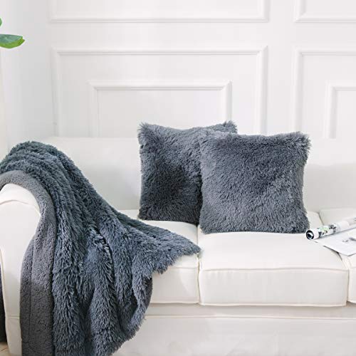 NordECO HOME Luxury Soft Faux Fur Fleece Cushion Cover Pillowcase Decorative Throw Pillows Covers,No Pillow Insert,16" x 16" Inch,Dark Grey,2 Pack - color: F-dark Grey, size: 16" x 16" (Pack of 2)
