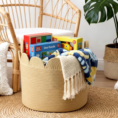 LemonRoad Brown Round Basket Large Blanket Basket 15.8" L X 15.8" W X13.8" H Scalloped Woven Baskets Cotton Storage Baskets for Nursery Classroom Closet Blankets Storage Home Decor - color: Brown, size: 15.8" L X 15.8" W X13.8" H