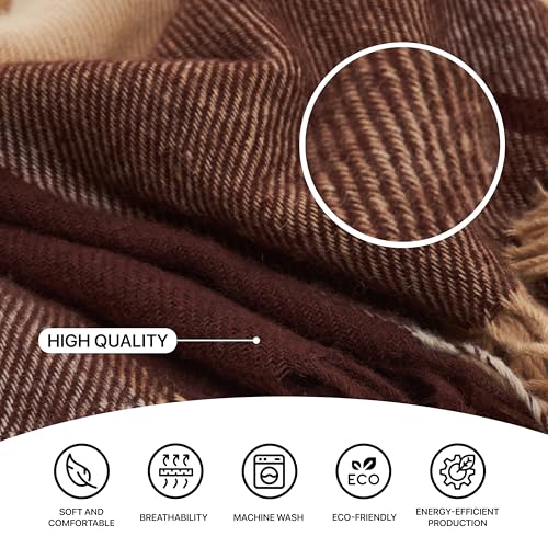 New Zealand Virgin Wool Throw Blanket, Indoor and Outdoor Blankets and Throws, Comfortable Soft Blanket with Fringes and Tartan Pattern, 67 x 79 in, Queen Size, Brown - color: Brown