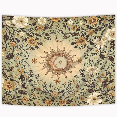Riyidecor Boho Sun and Moon Tapestry 91Wx71H Inch Green Bohemian Floral Flower Leaves Plant Botanical Vintage Retro Rustic Country Wall Hanging Artistic Home Dorm Decor Art Living Room Bedroom - color: A-green, size: 71L" x 91W"