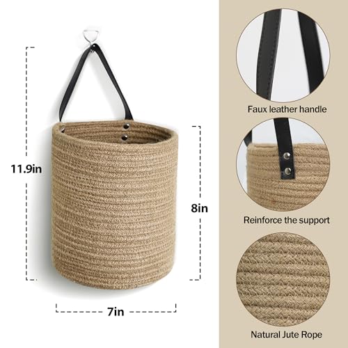 Hanging Basket 2 Pack, Small Wicker Wall Baskets for Organizing, Woven Boho Wall Hanging Decor, Indoor Plant Holder, Cotton Rope Door Organizer, Shelf Storage Bin, 7"D x 8"H (Jute) - color: Jute