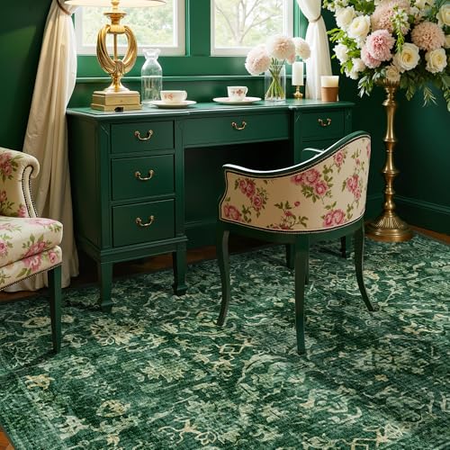 Dark Green Vintage Area Rug 3x5 for Living Room Bedroom, Washable Distressed Farmhouse Soft Thin Non-Shedding Indoor Throw Rug, Traditional Accent Carpet for Bedroom Office - color: Dark Green, size: 3'x5'