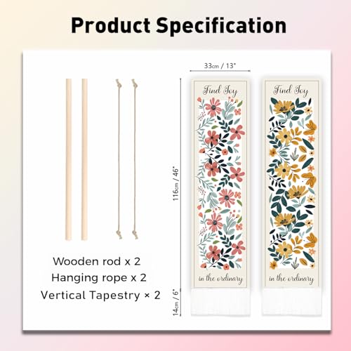 PLIGREAT 2 Pack Boho Floral Tapestry, Pink and Yellow Flower Wall Hanging Aesthetic Wall Tapestry with Tassels Vertical Long Narrow Decor for Bedroom Living Room Home Office Art Decor, 52" x 13" - color: pink,yellow