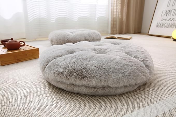 Large Floor Pillow Meditation Cushion Round Floor Cushions for Adults,Luxury Faux Fur Thick Floor Pillows for Sitting Put in Living Room Balcony Outdoor Tatami（Grey）