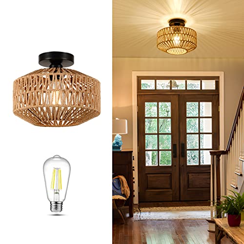 Boho Light Fixtures Ceiling Mount,Mini Rattan Chandelier Light Fixture with Dimmable LED Bulb,Hand Woven Ceiling Light Fixtures Flush Mount for Hallway Bedroom Kitchen Entryway Living Room - color: B-brown