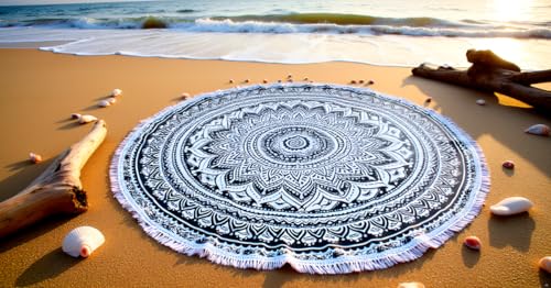 Round Beach Tapestry Mandala Boho Hippie Blanket Indian Cotton Bohemian Large Table Cloth Home Decor Yoga Mat Meditation Picnic Rug Throw Hippy Boho Gypsy Tablecloth Roundie (42 Inches, Grey) - color: Grey, size: 42"L x 42"W