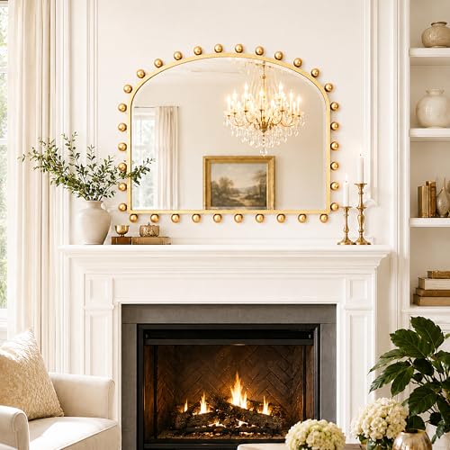36"x28" Wide Arched Wall Mirror, Antique Gold Ball Frame with Beveled Glass, Large Horizontal Mantel Piece Over Fireplace or Above Sofa, Statement Metal Frame for Living Room - size: 28"L x 36"W