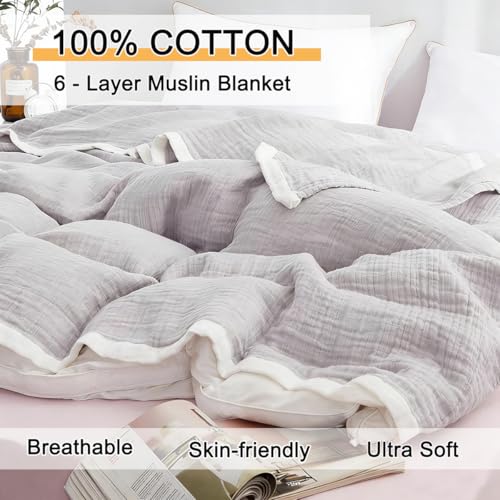 100% Cotton Muslin Blanket 60"x80", Grey Throw Blankets for Couch Bed Sofa Chair, 4-Layer Soft Cozy Quilt Travel Blanket, Farmhouse Decor,All Seasons - color: Grey