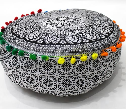INDIAN CRAFT CASTLE ICC Black Elephant Mandala Barmeri Large Floor Pillow Cover Cushion Meditation Seating Ottoman Throw Cover Hippie Decorative Zipped Bohemian Pouf Ottoman Cases 16" Round - color: Black and White, size: 16"D x 16"W x 5"H