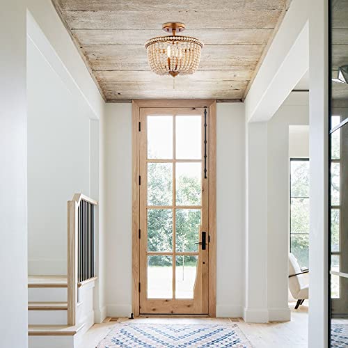 JONATHAN Y 14" Antique Gold/Light Taupe Wood Beaded LED Semi Flush Mount Light, Boho Farmhouse 3-Light Ceiling Chandelier with Cream Wood Bead Shade for Nursery, Bedroom (JYL9020C) - color: Antique Gold/Light Taupe