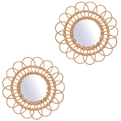 OYPEIP 2 Pack 11" Rattan Innovative Art Decoration Round Makeup Mirror Dressing Bedroom Bathroom Wall Hanging Mirrors Craft Photo Props… - color: Style-3