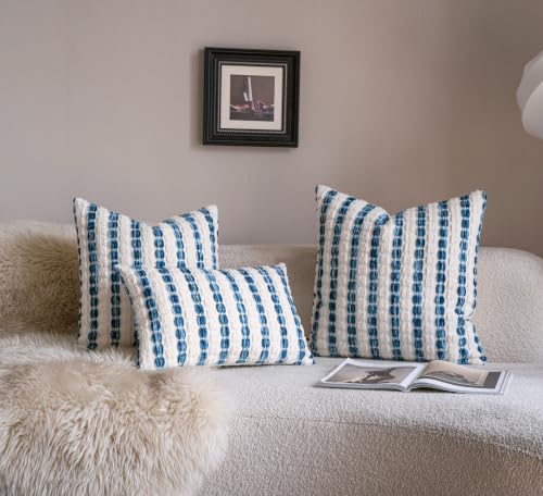 Caflife Boho Lumbar Throw Pillow Covers 12x20 Inch Set of 2, Farmhouse Blue Striped Textured Chenille Decorative Couch Pillow Cases, Rustic Accent Cushion Covers for Sofa Bed Living Room Bedroom - color: Blue, size: 20" x 12" (Pack of 2)