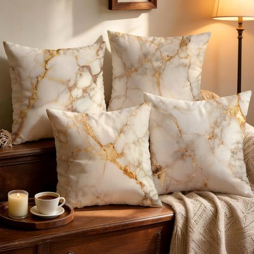 OBSEDE Gold Foil Marble Decorative Throw Pillow Covers 18 × 18 in, Set of 4, Couch Cushion Cases Inserts for Sofa Bed Living Room Home Decor, Single-Sided Print - color: Gold Foil Marble, size: 18" x 18" (Pack of 4)