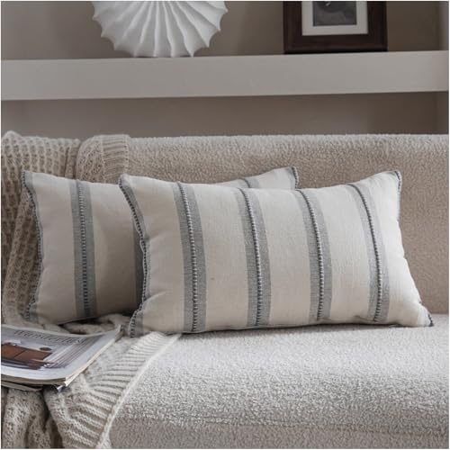 Cethom Boho Throw Pillow Covers 12x20 Set of 2, Grey Striped Decorative Pillow Cases for Couch Chair Bed, Textured Farmhouse Modern Accent Cushion Covers for Living Room Bedroom Sofa Home Decor - color: Grey, size: 20" x 12" (Pack of 2)