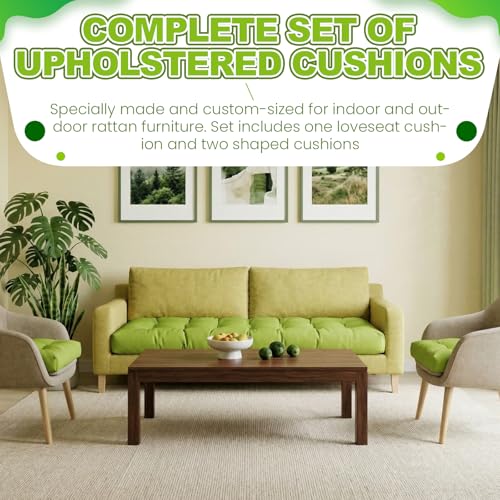 Barydat 3 Pack Wicker Furniture Cushions Waterproof Outdoor/Indoor Tufted Wicker Chair Cushions 1 Loveseat and 2 U-Shape Rattan Chairs for Patio Furniture, Rattan Love Seat, Bench (Grass Green) - color: Grass Green