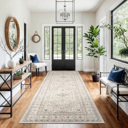 4x8 Runner Rug for Hallway Washable: Non Slip Kitchen Rugs with Rubber Backing Soft Waterproof Wide Mats Stain Resistant Low Pile Carpet for Entryway Bedroom Bathroom Laundry Home Decor Beige/Gray - color: Beige/Gray, size: 4' x 8' (Rectangular)