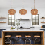 12.6" Rattan Pendant Light, Hand-Woven Boho Farmhouse Hanging Light Fixture, Mini Drum Wicker Rattan Chandelier for Kitchen Island, Bedroom, Dining Room, Entryway - color: Gold 12.6"