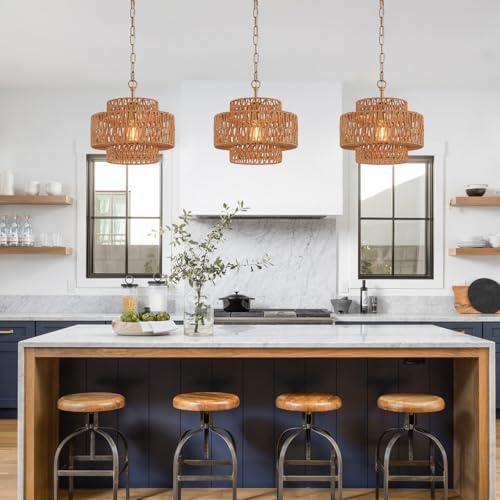 12.6" Rattan Pendant Light, Hand-Woven Boho Farmhouse Hanging Light Fixture, Mini Drum Wicker Rattan Chandelier for Kitchen Island, Bedroom, Dining Room, Entryway - color: Gold 12.6"