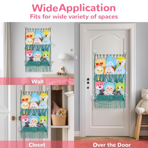 2 Tier Stuffed Animal Storage Shelf Net, 17x32Inch Large Stuffed Animal Organizer Holder Display for Mini Medium Stuffy, Aqua Boho Macrame Wall Plushies Stuffy Storage for Nursery Decor - color: Aqua, size: Large-2 Tier-17x32 Inch