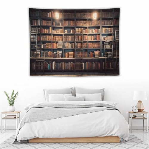 Houselerax Vintage Bookshelf Tapestry Retro Library Wall Hanging Tapestries,Old Books on Shelf Classical Study Room Student Study College Dorm Bedroom Living Room 60"x40"inch - color: Bookshelf-10, size: W60xL40in