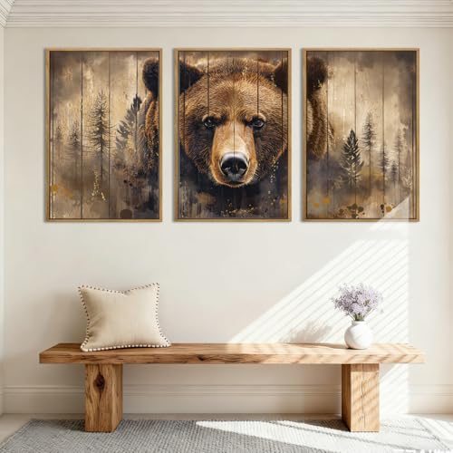 ANHUIB Brown Bear Wall Art 16x24 Inch Forest Paintings Rustic Wildlife Wall Decor Set of 3 for Living Room Bedroom Dining Room - color: Brown Bear, size: 24"L x 16"W