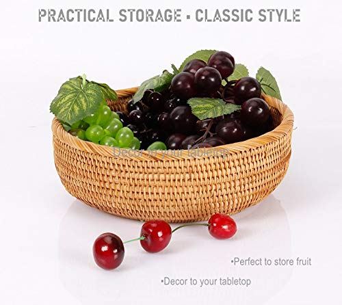 Hadewoven Round Rattan Fruit Basket Wicker Food Tray Weaving Storage Holder Dinning Room Bowl, 9 Inch Woven Bread Basket Key Bowls with 3.5”Wall for Table, Countertop (Medium 8.66") - size: Medium 8.66"