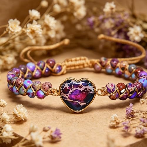 Women Boho Wrap Bracelet,Handmade Natural Stone Crystal Emperor Beads Heart Bracelet, Fashion Bohemian Jewelry Gift for Women - color: Purple Red