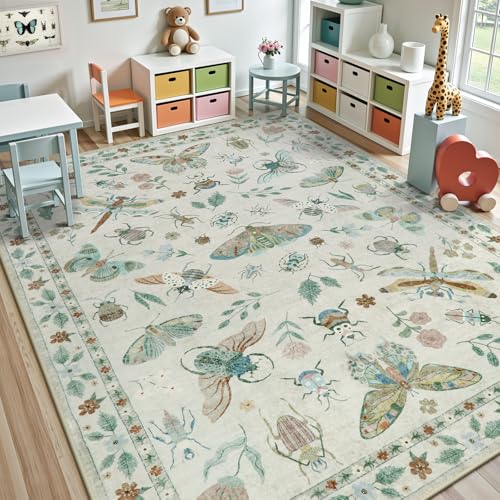 Beeiva Insect Print 8x10 Rug for Bedroom - Beige Fantasy Moth Rug for Living Room Dining Room Under Kitchen Table Nursery, Vintage Non Slip Large Carpet Butterfly Cottagecore Decor(8'x10',Beige) - color: Beige, size: 8' x 10' (Rectangular)